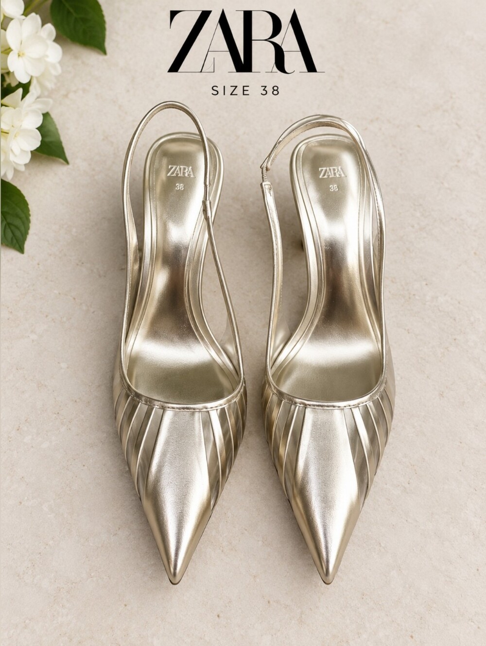 Zara Metallic Champagne Pointed Toe Slingback Sandals - Size 38